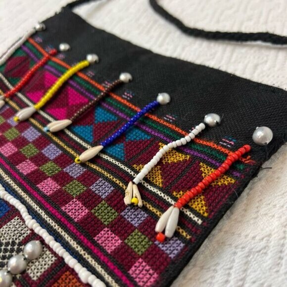 Vintage Handmade Seed Bead Purse Tapestry Cowrie Puka Shells Crossbody Bag - Picture 7 of 16